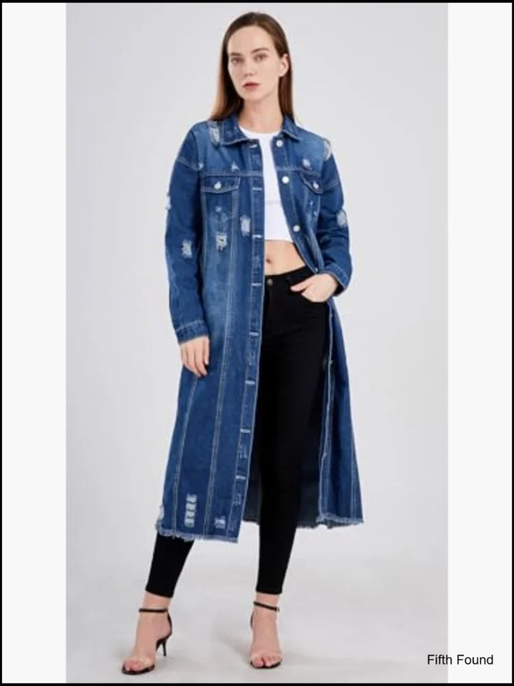 Shredded Distressed Long Denim Duster Coat Jacket Womens Oversized - Picture 2 of 7